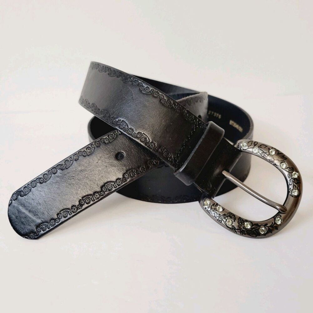 Vtg Boho Fossil Leather Black Embossed Bejeweled Buckle Women Belt Sz L - Picture 11 of 11